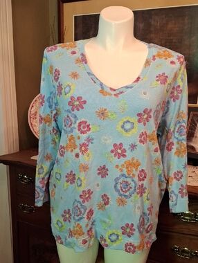 fresh produce Light Blue Floral V-Neck Long Sleeve Top